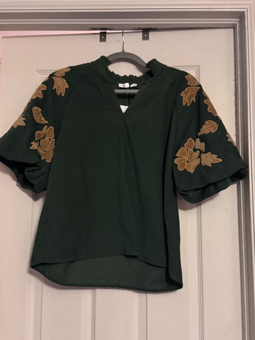 THML Forest Green Puff Sleeve Blouse with Tan Floral Appliqué